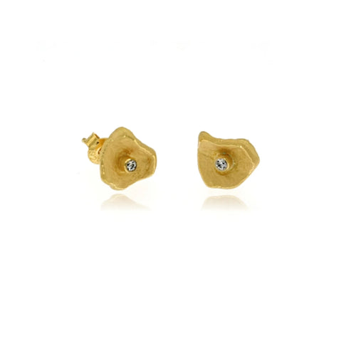 Designer gold vermeil petal earrings handcrafted in sterling silver with sparkling cubic zirconia, contemporary artisan earrings and a unique boutique gift for women.