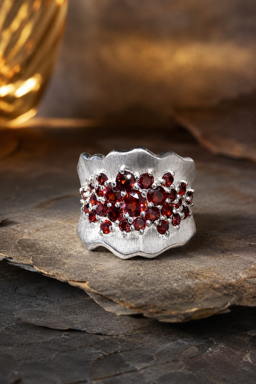 Designer sterling silver multi-cluster garnet statement ring with brilliant natural deep red garnets and a wide handcrafted satin finish band.