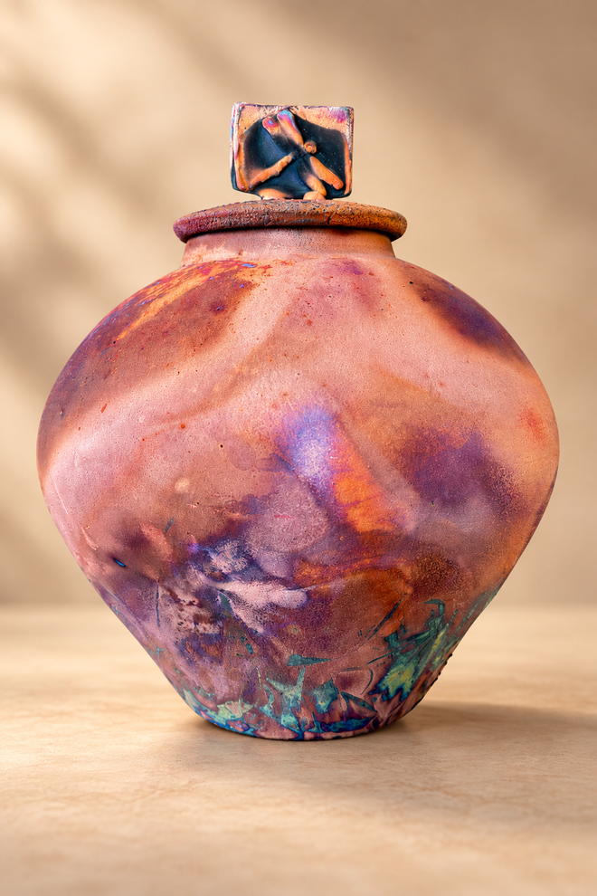 One-of-a-kind handmade Arizona Raku pottery vessel with sculptural dragonfly lid and copper purple metallic finish
