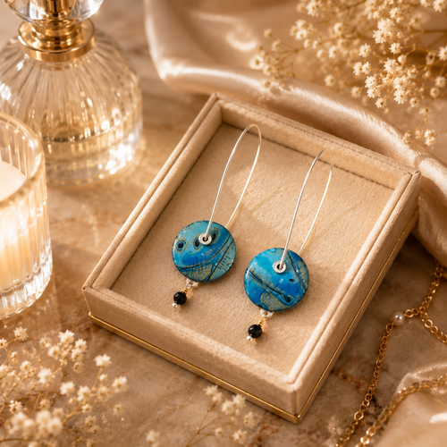 Elegant blue sterling silver earrings displayed in a luxury jewelry setting.