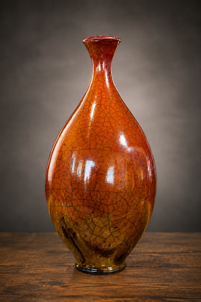 Ferric chloride Raku long-neck vase with rich rust orange crackle finish