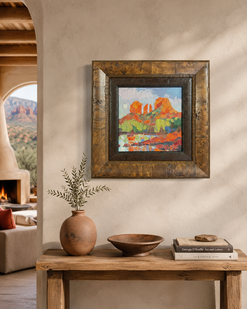 Framed Cathedral Rock Sedona oil painting by Russell Johnson, an original Southwest landscape artwork from Raku Gallery in Jerome Arizona