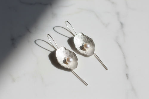 Handmade Sterling Silver Shell Earrings with Freshwater Pearl — Long French Hook