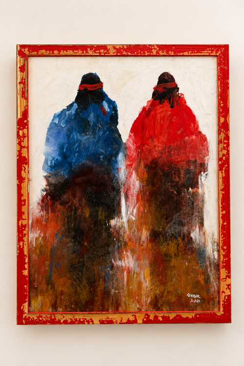Friends Forever original Southwestern figurative painting by Al Clymer in a distressed red and gold frame