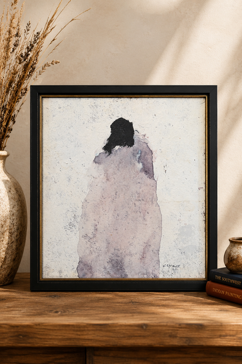 Going Home II by Al Clymer, original painting on wood panel featuring a solitary figure in soft neutral tones, professionally framed and available at Raku Gallery in Jerome, Arizona.
