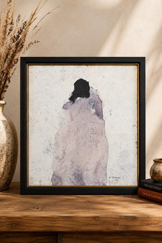 Going Home II by Al Clymer, original painting on wood panel featuring a solitary figure in soft neutral tones, professionally framed and available at Raku Gallery in Jerome, Arizona.