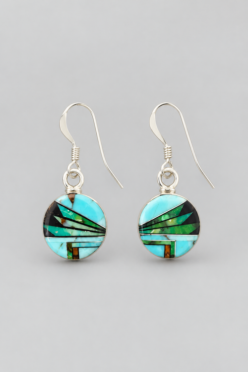 Round sterling silver dangle earrings featuring Golden Hills turquoise, Sonoran turquoise, gaspeite, spiny oyster and black jade geometric stone inlay.