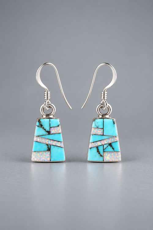 Golden Hills Turquoise and White Opal sterling silver earrings featuring sky-blue turquoise and shimmering geometric stone inlay