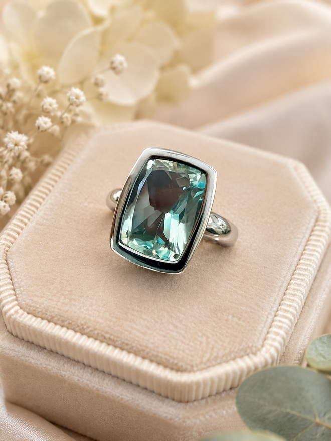 Artisan green amethyst cocktail ring with rectangular faceted gemstone set in sterling silver