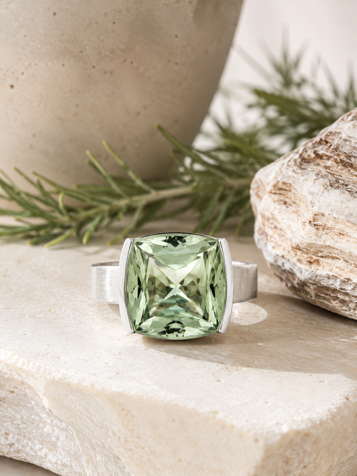 Green amethyst cocktail ring in sterling silver with square faceted gemstone