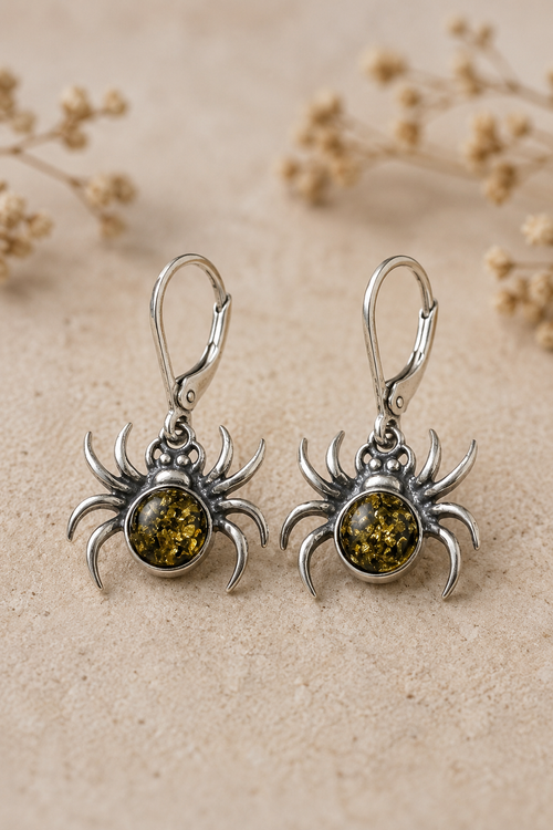 Green Baltic amber spider earrings in sterling silver