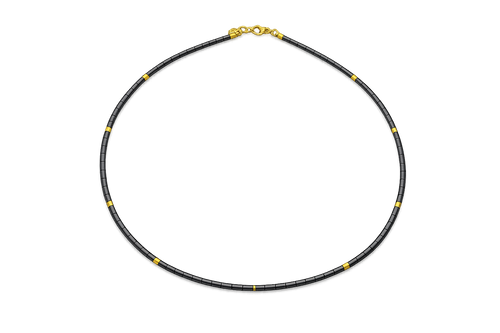 Grey hematite beaded necklace with 18K gold plated sterling silver accents and lobster clasp, 17 inch handmade minimalist necklace.