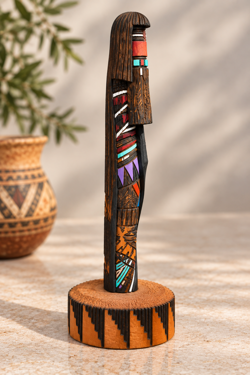 Side view of hand-carved Long Hair Kachina showing detailed burned patterns and painted cottonwood carving