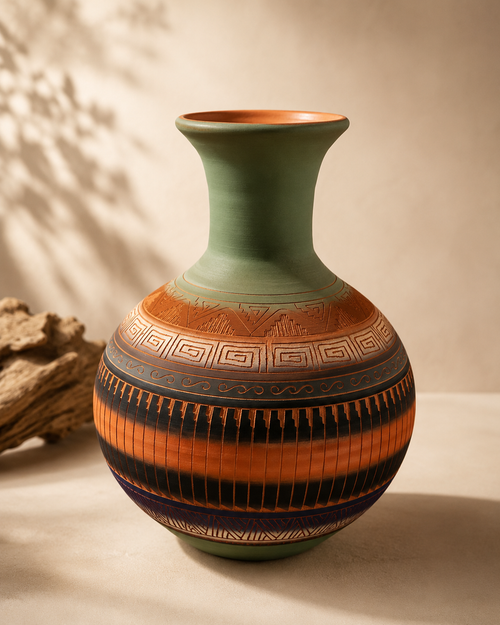 Hand carved Navajo ceramic vase with traditional Southwestern patterns and earthy desert tones