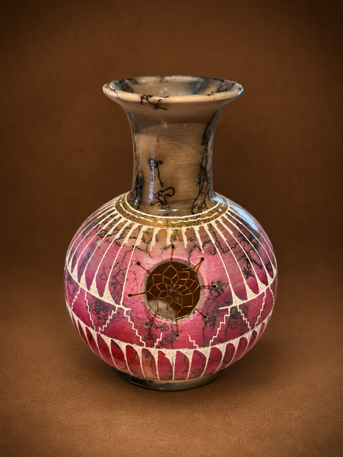 Original Native American horsehair pottery vase handcrafted by Navajo artist Dennison Billy, approximately 7 inches tall.