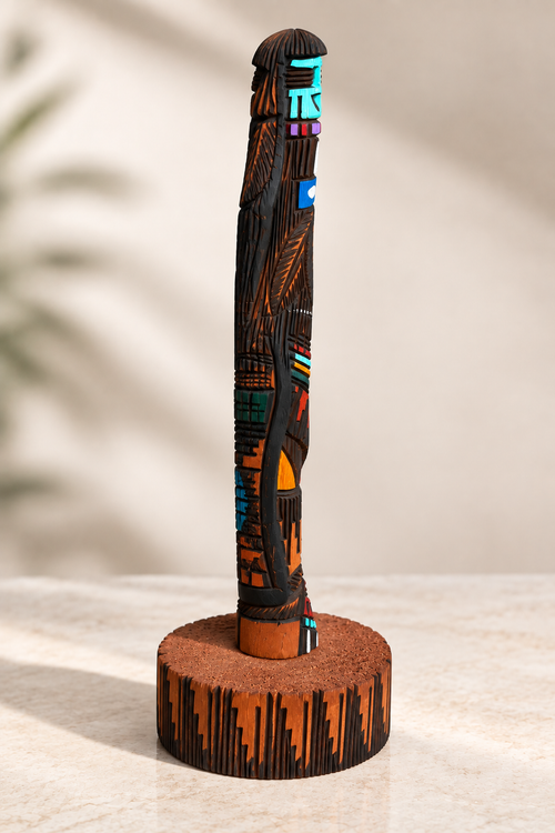 One-of-a-kind hand-carved Navajo Kachina sculpture with detailed wood-burned designs and hand-painted accents