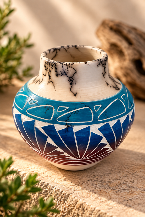 Hand-etched Native American horsehair pottery by Navajo artist Cecelia Benally with natural horsehair markings and geometric detail