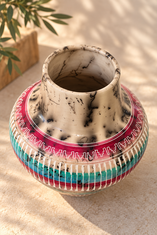 Top view of one-of-a-kind Navajo horsehair pottery vase showing natural horsehair markings and hand-etched geometric details