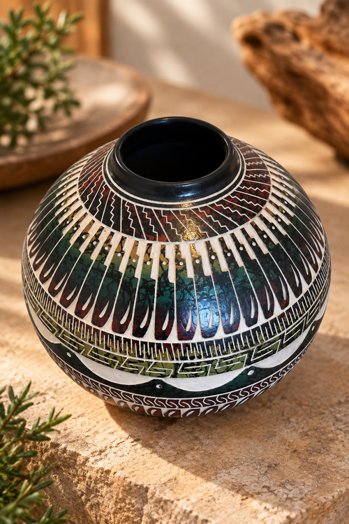 Hand-etched Navajo horsehair pottery by Myron Charley showing detailed geometric patterns and dark rim