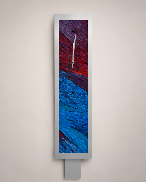 Hand-painted aluminum pendulum wall clock with brushed silver frame and abstract burgundy, plum, cobalt blue, turquoise, and teal design.