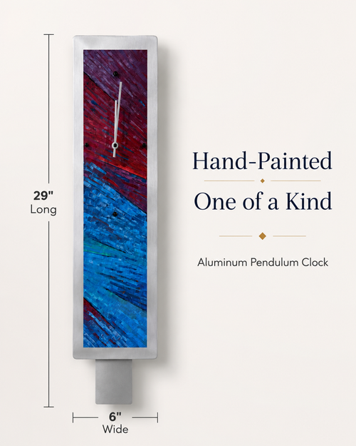 Hand-painted one-of-a-kind aluminum pendulum clock showing dimensions of 29 inches long by 6 inches wide with attractive product text.