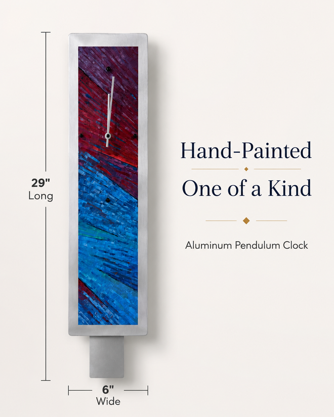 Hand-painted one-of-a-kind aluminum pendulum clock showing dimensions of 29 inches long by 6 inches wide with attractive product text.