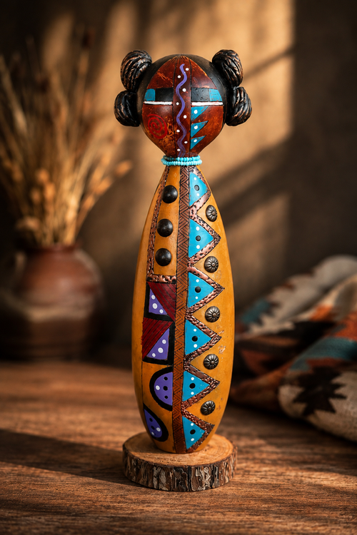 Front view of a hand-painted Spirit Girl Kachina featuring vibrant turquoise, red, and purple geometric artwork.