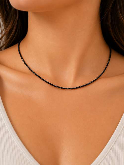 MODEL WEARING A hand beaded petite spinel necklace 