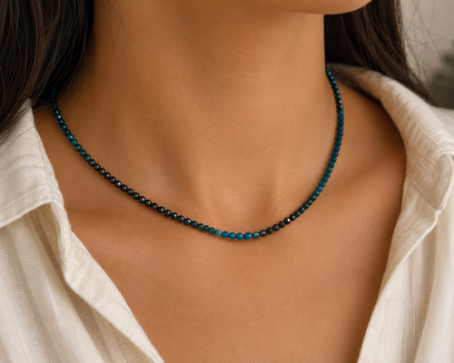 hand beaded two tone chrysocolla necklace perfect for layering