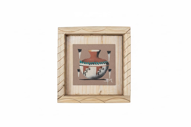 Navajo Pottery Vase (Sand Painting) by Navajo Artist Ben Mitchell 7x7 (framed)