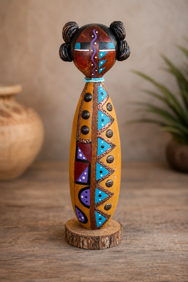 Handcrafted Spirit Girl Kachina sculpture with colorful hand-painted Southwestern designs displayed on a rustic wood base.