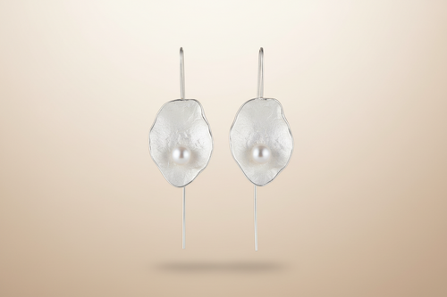 Handmade Sterling Silver Shell Earrings with Freshwater Pearl — Long French Hook
