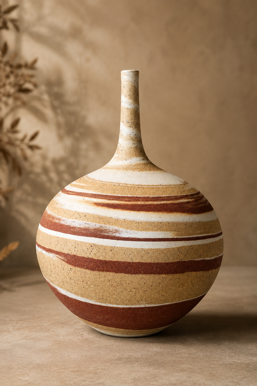 Handmade Arizona agateware ceramic vase by Sari Green with layered desert clay pattern at Raku Gallery