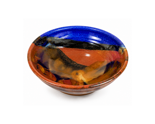 Handmade Arizona ceramic Desert Bowl in Cobalt Canyon (Cobalt Blue, Terracotta & Amber) glaze, food-safe artisan stoneware bowl handcrafted in Arizona, perfect for soups, salads, pasta, ramen, grain bowls, serving dishes, and Southwestern home décor.