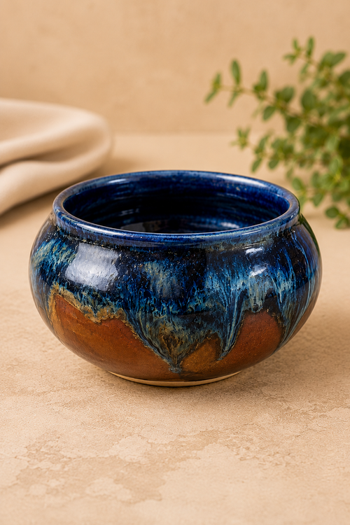 Handmade Arizona ceramic salsa bowl in Canyon Waters (Blue & Brown) glaze, food-safe artisan stoneware bowl perfect for salsa, guacamole, dips, snacks, and Southwestern entertaining.