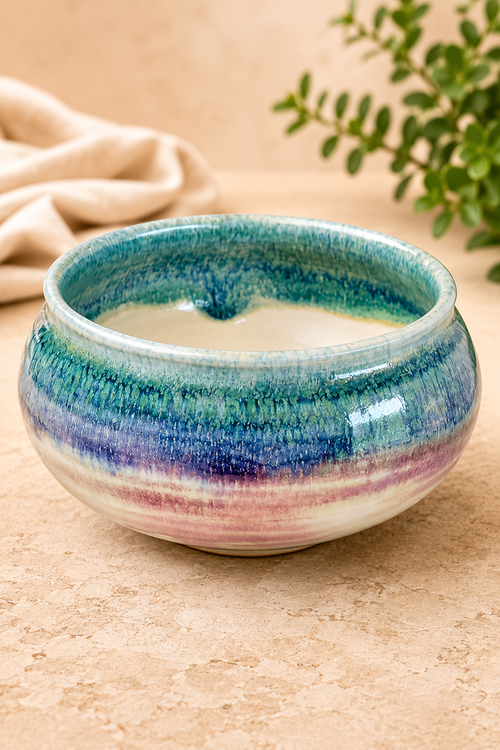 Handmade Arizona ceramic salsa bowl in Coastal Breeze (Blue, Green & Cream) glaze, food-safe artisan stoneware bowl perfect for salsa, guacamole, dips, snacks, desserts, and Southwestern entertaining.