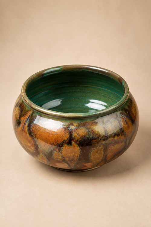 Handmade Arizona ceramic salsa bowl in Juniper Canyon (Brown & Green) glaze with a deep green interior, food-safe artisan stoneware bowl perfect for salsa, guacamole, queso, dips, snacks, appetizers, and Southwestern entertaining.