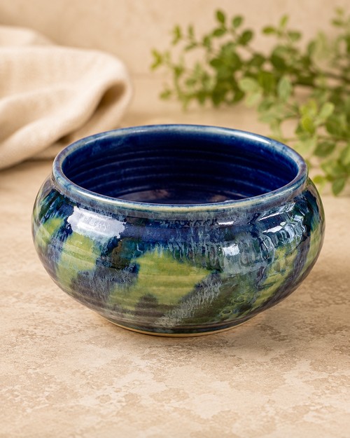 Handmade Arizona ceramic salsa bowl in Ocean Mist (Blue & Green) glaze, food-safe artisan stoneware bowl perfect for salsa, guacamole, dips, snacks, and entertaining.