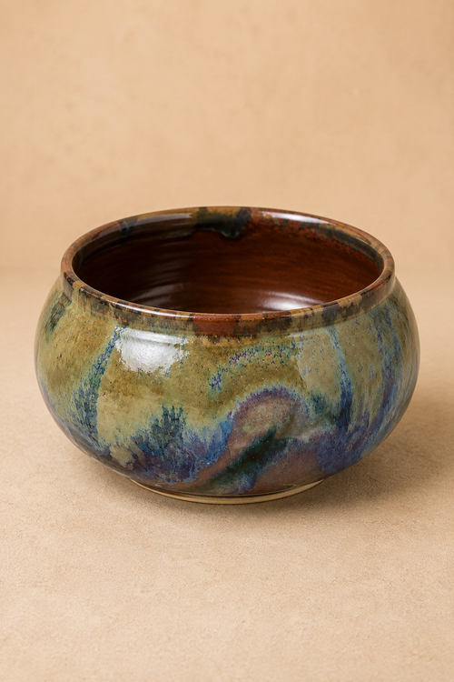 Handmade Arizona ceramic salsa bowl in Sage Canyon (Green, Blue & Brown) glaze with a rich brown interior, food-safe artisan stoneware bowl for salsa, guacamole, queso, dips, snacks, desserts, and Southwestern kitchen décor.
