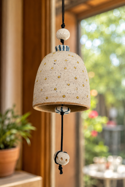 Handmade cream ceramic bell with yellow polka dot design