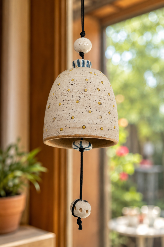 Handmade cream ceramic bell with yellow polka dot design