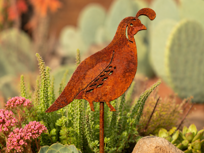 Decorative steel quail garden stake in cactus arrangement