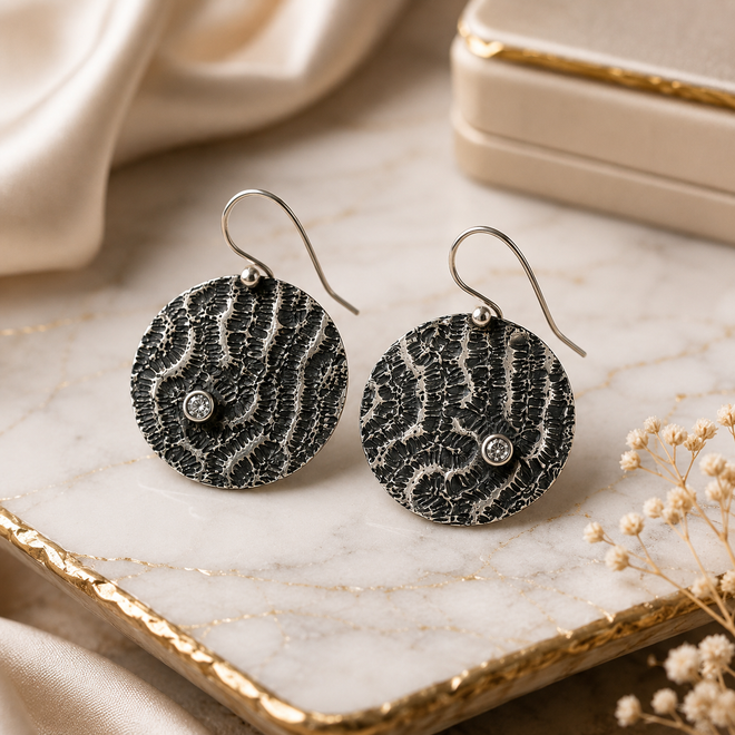 One-of-a-kind handmade fine sterling silver earrings with cubic zirconia handcrafted in Sedona Arizona artisan jewelry