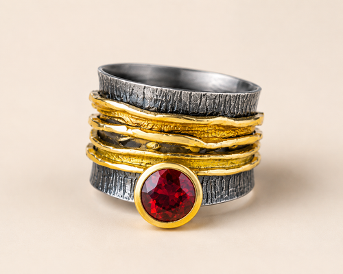 Handmade garnet ring with round red garnet gemstone set in oxidized sterling silver and gold vermeil artisan jewelry