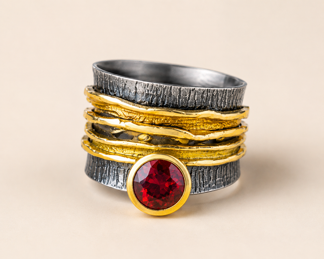 Handmade garnet ring with round red garnet gemstone set in oxidized sterling silver and gold vermeil artisan jewelry