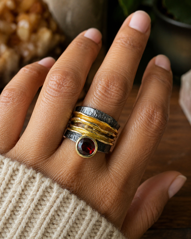 Handmade garnet statement ring in oxidized sterling silver and gold vermeil shown in a cozy lifestyle setting with coffee mug