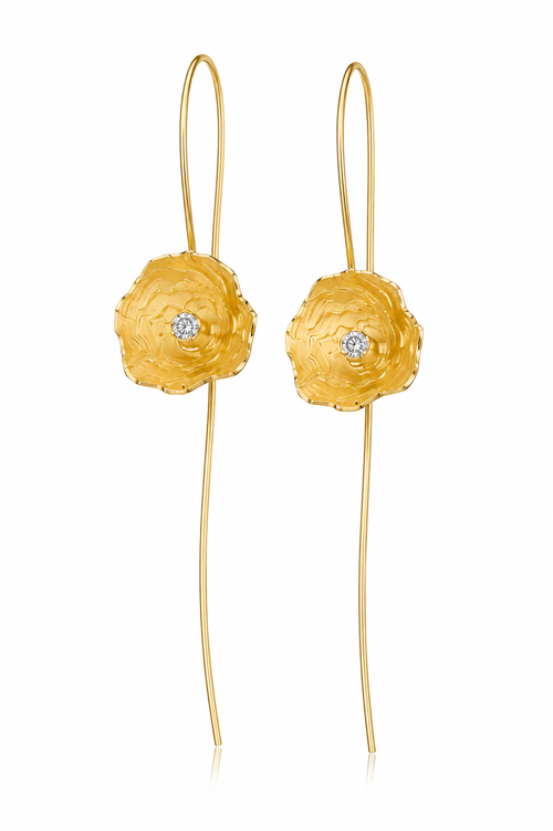 Elegant handmade sterling silver gold vermeil flower earrings featuring long French hook ear wires, 2mm cubic zirconia, and contemporary botanical design.