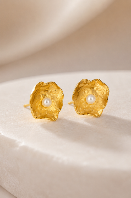 Handmade gold vermeil petal stud earrings featuring genuine freshwater pearls, artisan sterling silver jewelry with an elegant organic floral design for everyday luxury.