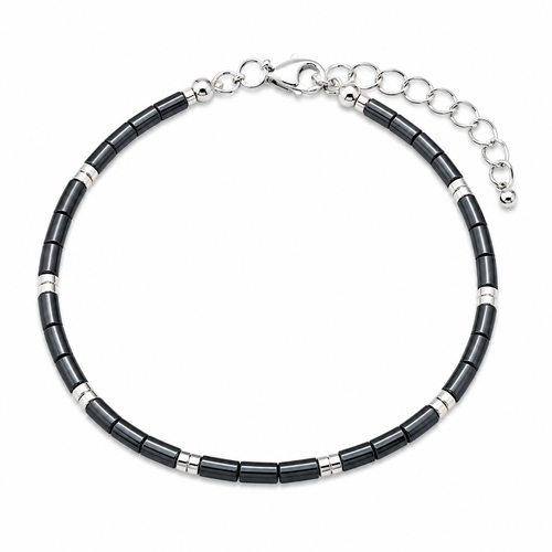 Luxury handmade graphite hematite bracelet with sleek cylinder beads, polished sterling silver accents, and an adjustable sterling silver clasp.