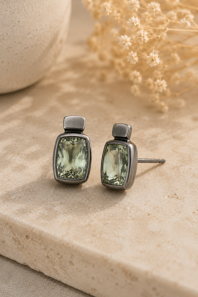 Handmade Green Amethyst stud earrings featuring 9x12mm natural Green Amethyst gemstones bezel set in smooth oxidized sterling silver. One-of-a-kind artisan earrings from Raku Gallery.